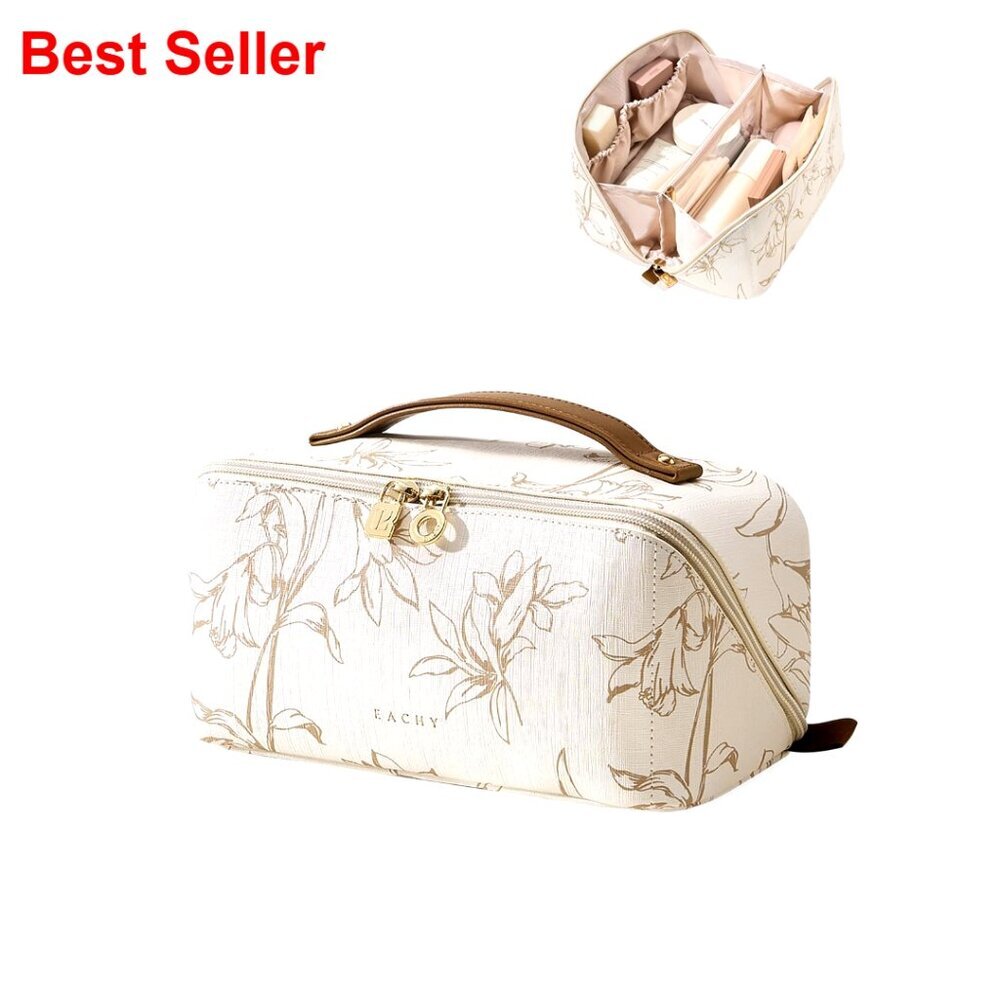 Large Waterproof Travel Makeup Bag with Multiple Compartments, Flat Open Design